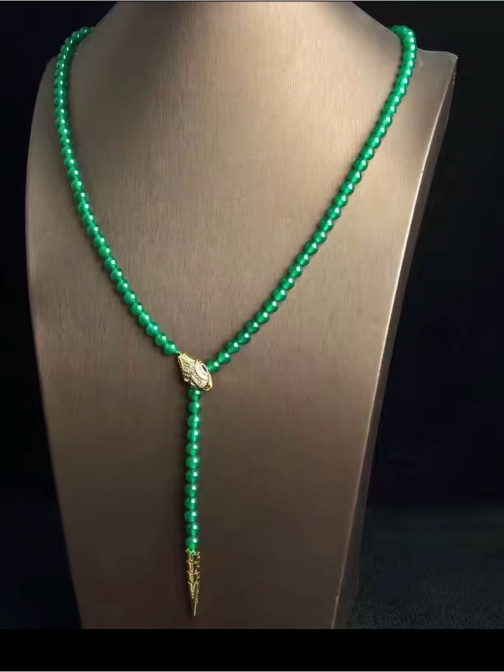 Green Beaded Lariat Necklace with Gold snake 6mm  beads  with snake adjustable